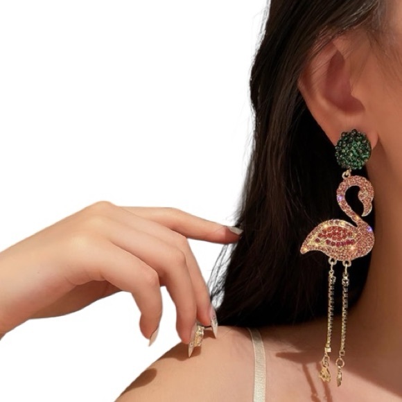 Rhinestone Pink Flamingo Dangle Drop Statement Stud Post Earrings NEW - Picture 2 of 5